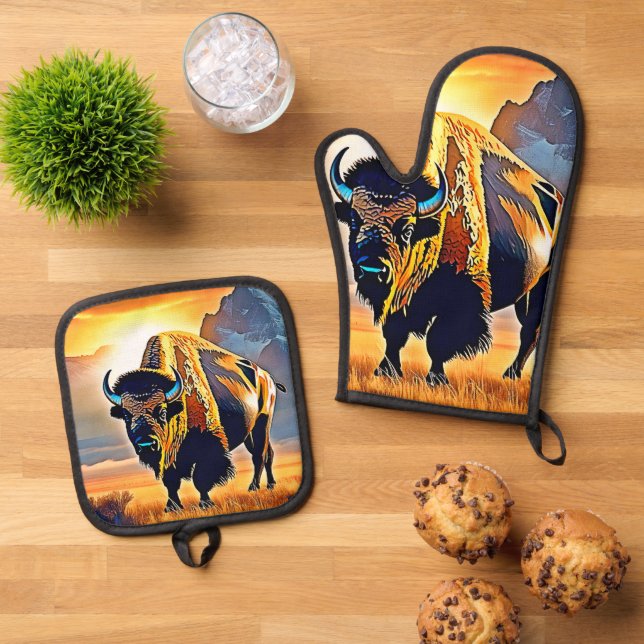 Sunset Mountain Bison Art Design Oven Mitt & Pot Holder Set (Top Down)
