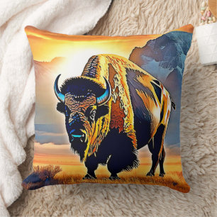 Sunset Mountain Bison Art Design Throw Pillow
