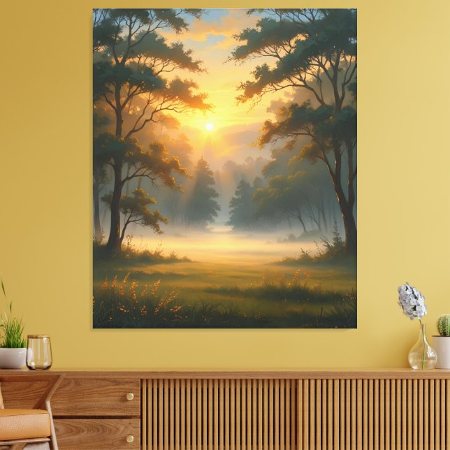 Sunset Mountain Forest Landscape with Two Trees Canvas Print (Insitu(LivingRoom))