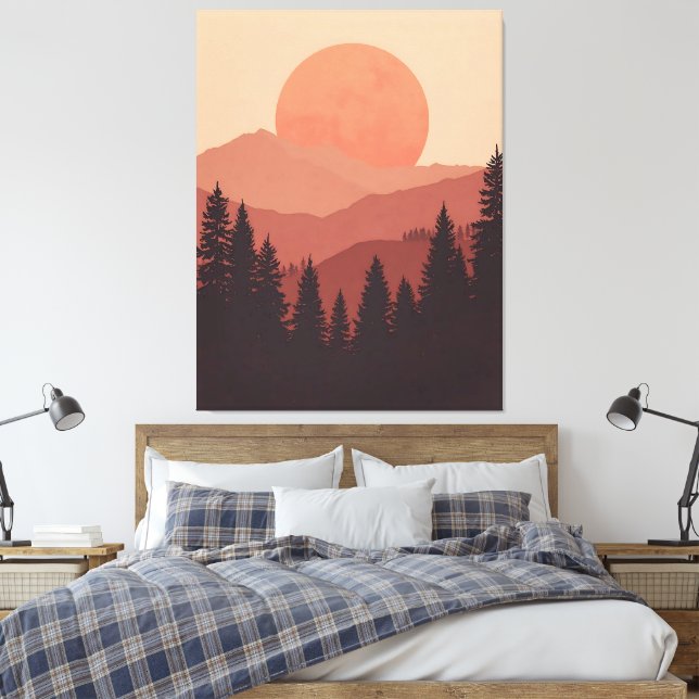 Sunset Mountain Forest Nature Illustration Canvas Print (Insitu(Bedroom))