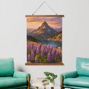 Sunset Mountain Lake and Purple Lupines Hanging Tapestry
