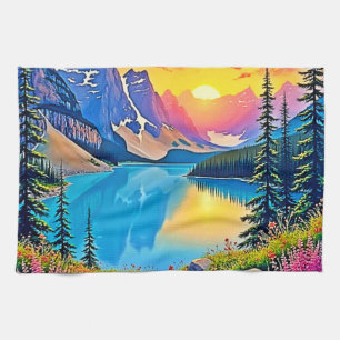 Sunset Mountain Lake Majesty Art Kitchen Towel