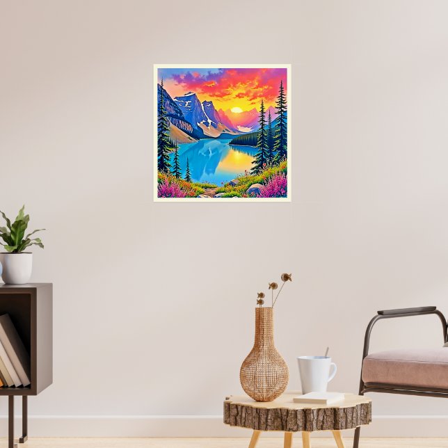 Sunset Mountain Lake Majesty Art Poster (Living Room 3)