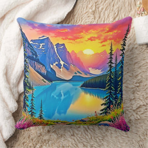 Sunset Mountain Lake Majesty Art Throw Pillow