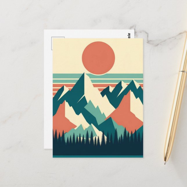 Sunset Mountain Peaks Retro Postcard (Front/Back In Situ)