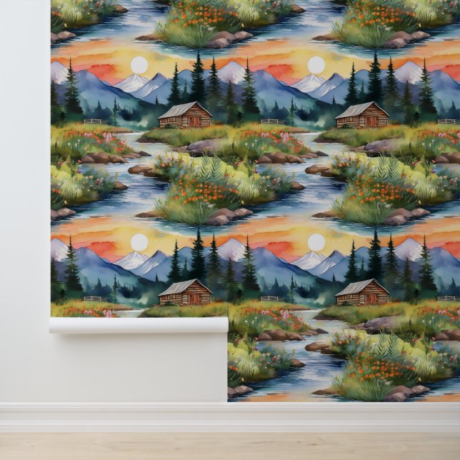 Sunset Mountains Forest Woodland Pine Trees Creek  Wallpaper (Application)