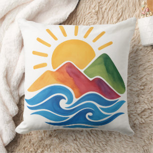 Sunset Mountains Ocean Landscape Throw Pillow