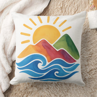 Sunset Mountains Ocean Landscape Throw Pillow