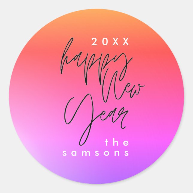 Sunset New Year Bold Gradient Rainbow Happy Funky Classic Round Sticker (Front)