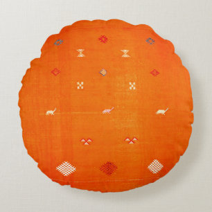 Sunset Oasis: Orange Heritage Boho Moroccan  Round Pillow