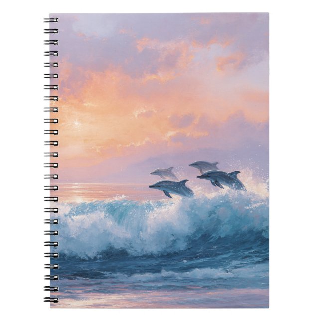 Sunset Ocean Dolphins Wave Notebook (Front)