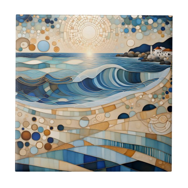 Sunset Ocean Geometric Modern Abstract Surreal Tile (Front)