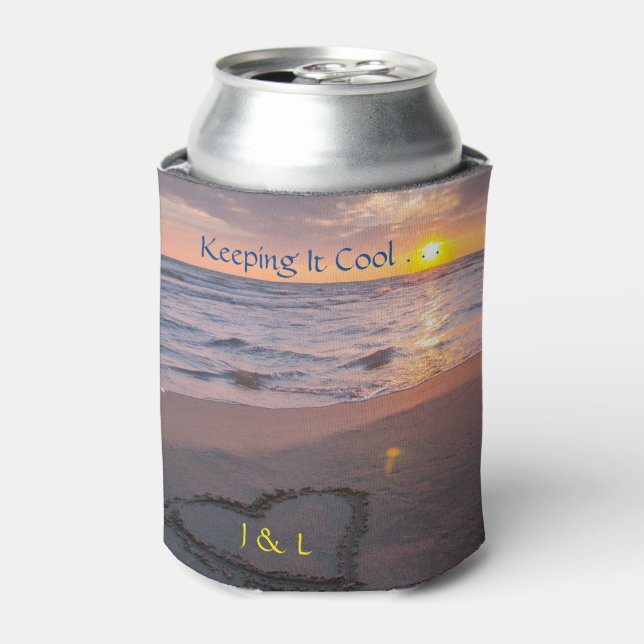 Sunset Ocean Sand Heart Initials "Keeping It Cool" Can Cooler (Can Front)