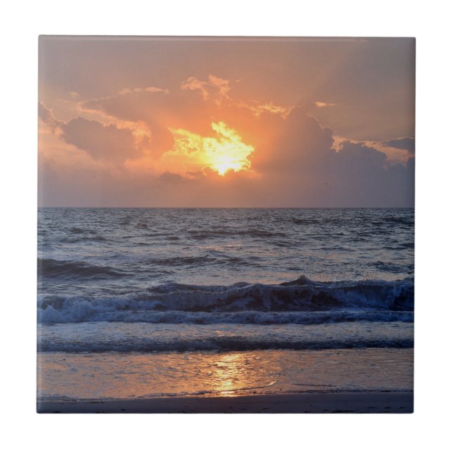 Sunset Ocean Sea Beach Orange Tile (Front)