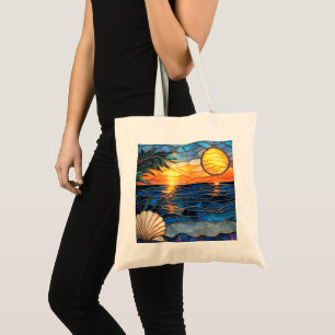 Sunset Ocean Stained Glass Tote Bag