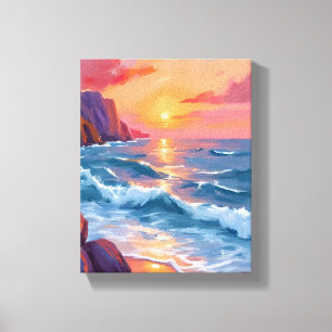 Sunset Ocean Waves Beach Watercolor Painting Canvas Print