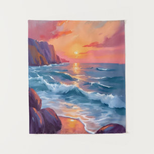 Sunset Ocean Waves Beach Watercolor Painting Tapestry