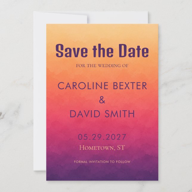 Sunset Ombre Modern Beachy Coastal Surf Wedding Save The Date (Front)