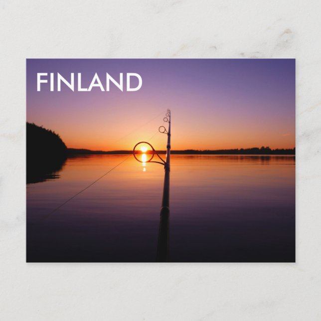 Sunset on a summer lake seen through a fishing rod postcard (Front)