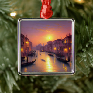 Sunset On A Venice Canal Digital Art   Metal Ornament