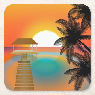 Sunset on Beach with Palm Trees Square Paper Coaster