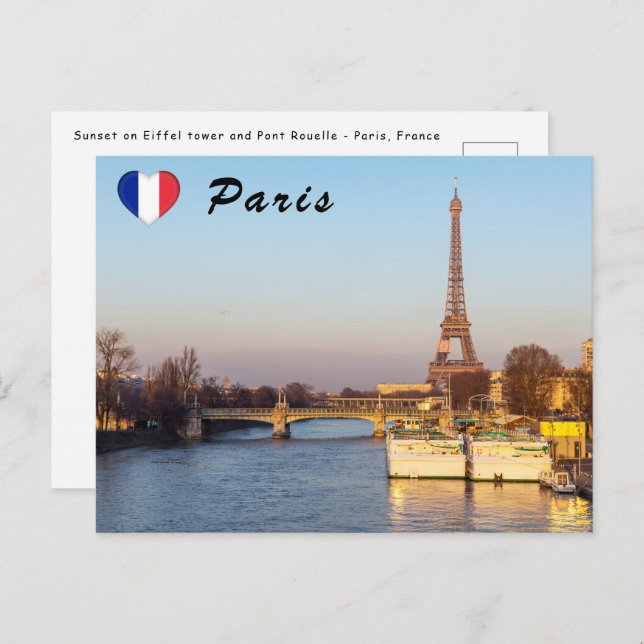 Sunset on Eiffel tower and Pont Rouelle - Paris Postcard (Front/Back)