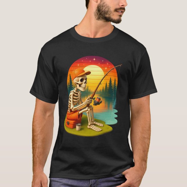 Sunset On Lake Skeleton Fishing Halloween Costume  T-Shirt (Front)