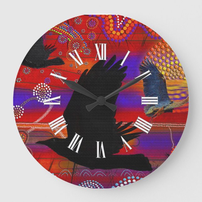 Sunset on Lake Wendouree Australian Aboriginal Art Large Clock (Front)