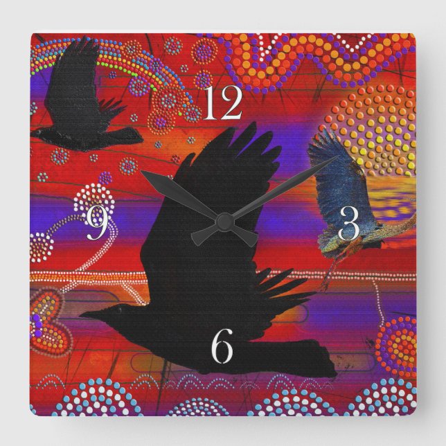 Sunset on Lake Wendouree Australian Aboriginal Art Square Wall Clock (Front)