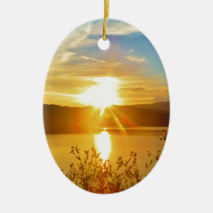 Sunset on mountain Lake Arrowhead Ceramic Ornament