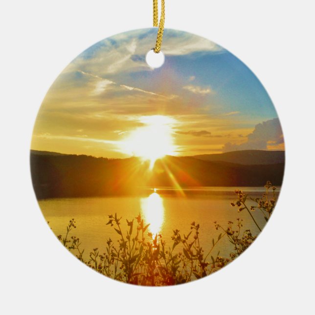 Sunset on mountain Lake Arrowhead Ceramic Ornament (Front)