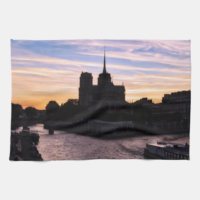 Sunset on Notre Dame de Paris - Paris, France Kitchen Towel (Horizontal)
