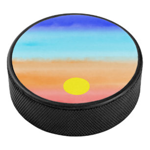 Sunset on ocean watercolor  Abstract art Ombre  Hockey Puck