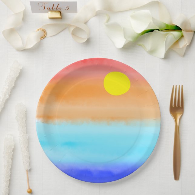 Sunset on ocean watercolor  Abstract art Ombre Paper Plate (Wedding)