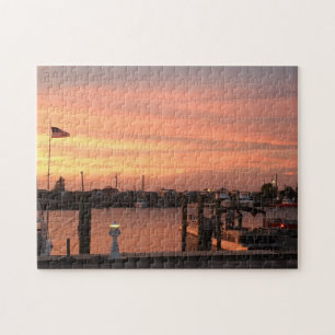 Sunset on the Harbour with American Flag Photo Jigsaw Puzzle