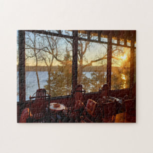 Sunset on the Lake   Peaceful Cabin Covered Porch Jigsaw Puzzle