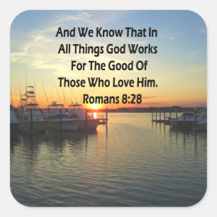 SUNSET ON THE LAKE ROMANS 8:28 SCRIPTURE SQUARE STICKER