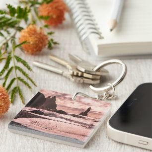 Sunset on the Reynisfjara black sand beach, Icelan Keychain