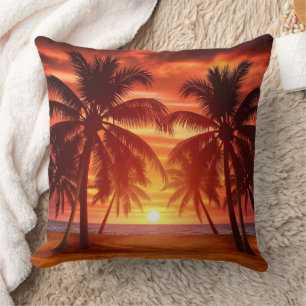 Sunset on the sandy beach throw pillow