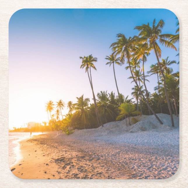 Sunset on Tropical Beach | Dominican Republic Square Paper Coaster (Front)