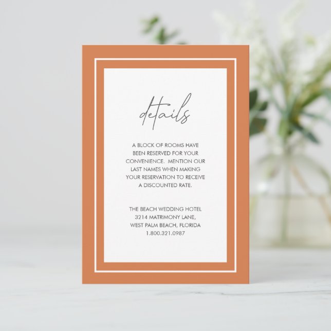 Sunset Orange Bold Border Modern Wedding Enclosure Card (Standing Front)