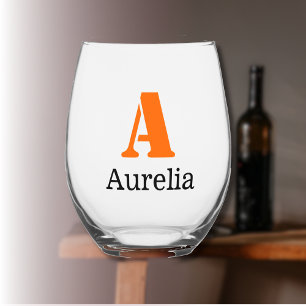 Sunset Orange Elegant Initial Black Name Modern Stemless Wine Glass