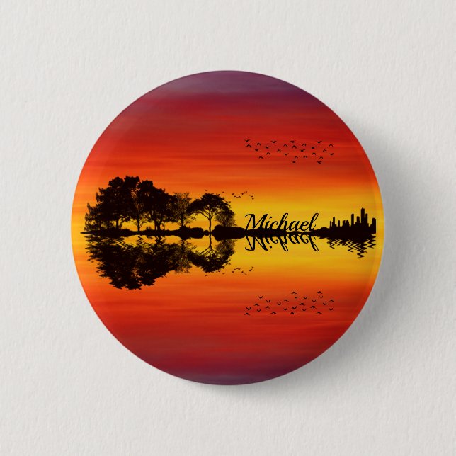 Sunset orange red black silhouette guitar name  2 inch round button (Front)