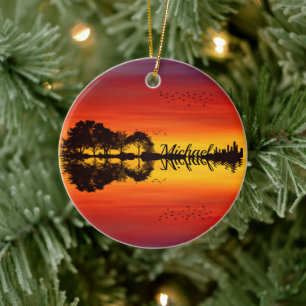 Sunset orange red black silhouette guitar name  ceramic ornament