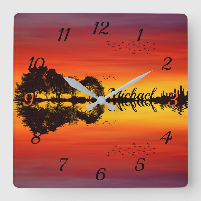 Sunset orange red black silhouette guitar name  square wall clock (Front)