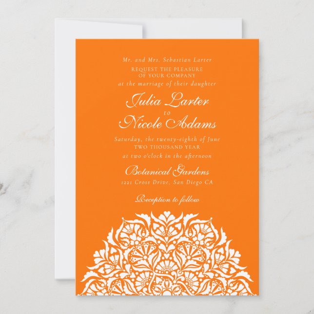Sunset Orange Whimsical Floral Mandala Wedding Invitation (Front)