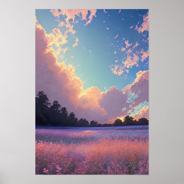 Sunset Over a Field of Pink and Blue Flowers Poster (Front)