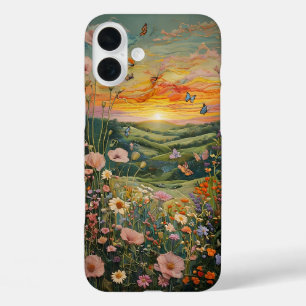 Sunset Over a Flower Meadow with Butterflies iPhone 16 Plus Case