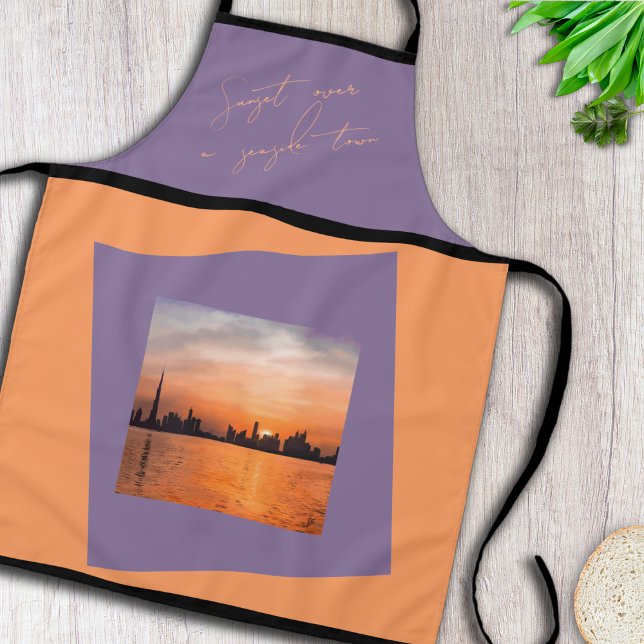 Sunset over a seaside town - Art Apron (A beautiful apron highlighting an artwork by fantabuloustef, a sunset over a city near the sea)