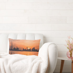 Sunset over a seaside town - watercolor lumbar pillow